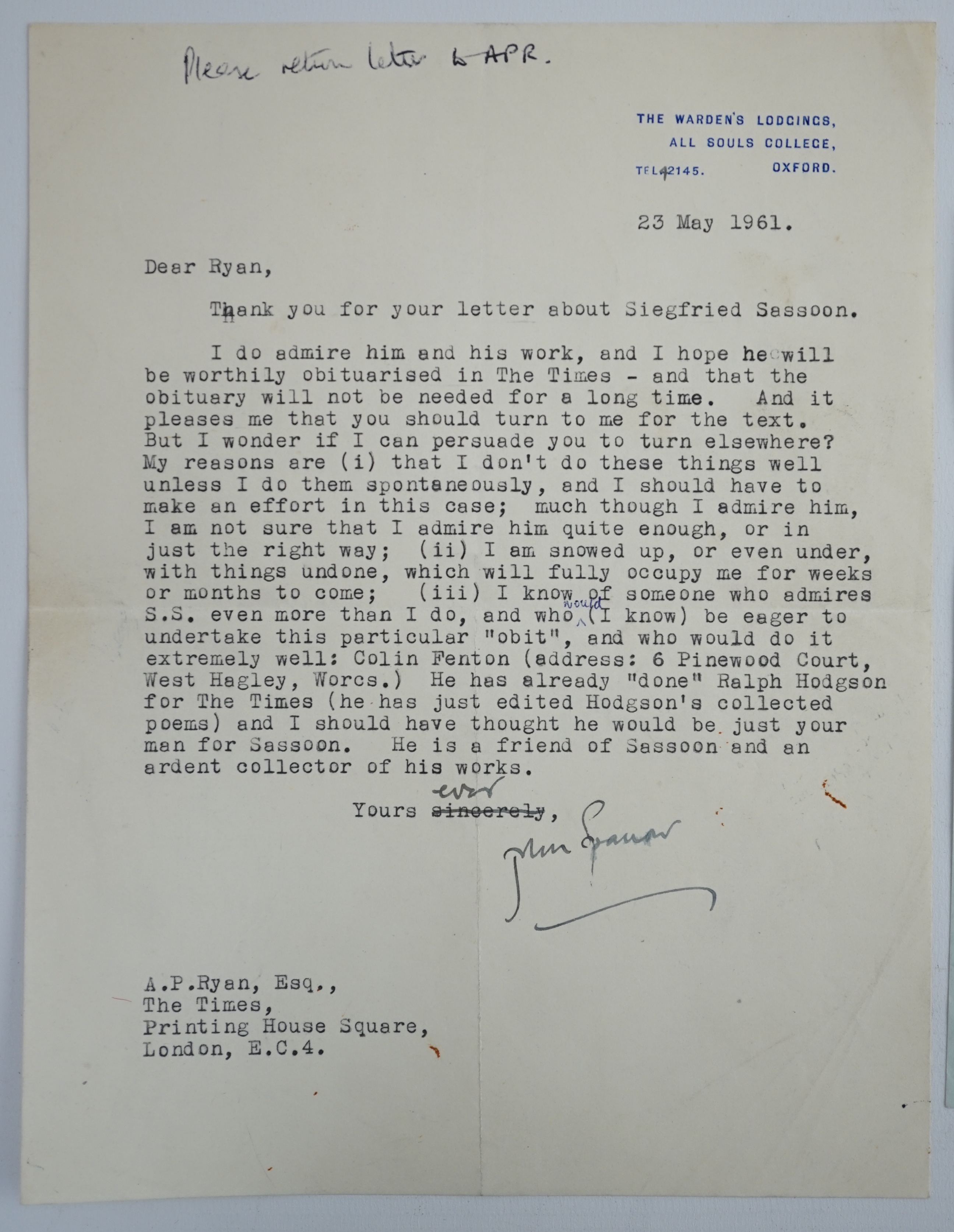 Edmund Blunden (1896-1974), English Poet, Author and Critic who, like his friend Siegfried Sassoon, wrote of his experiences during World War I in both verse and prose. A.L.S., E. Blunden, one page, 8vo